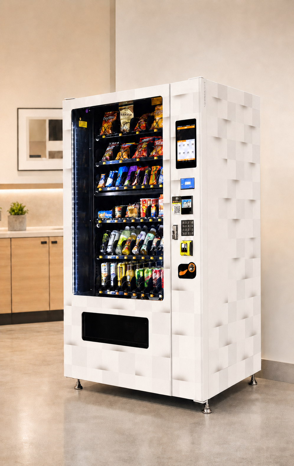 A fully stocked Heaven’s Harvest vending machine with cashless payment equipment in a workplace break room